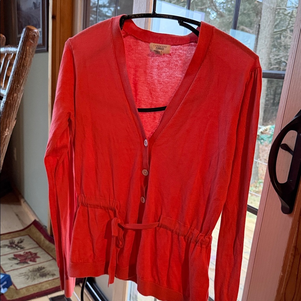 Lands End Canvas Womens Coral Pink Cotton Drawstring Waist Cardigan Sweater M